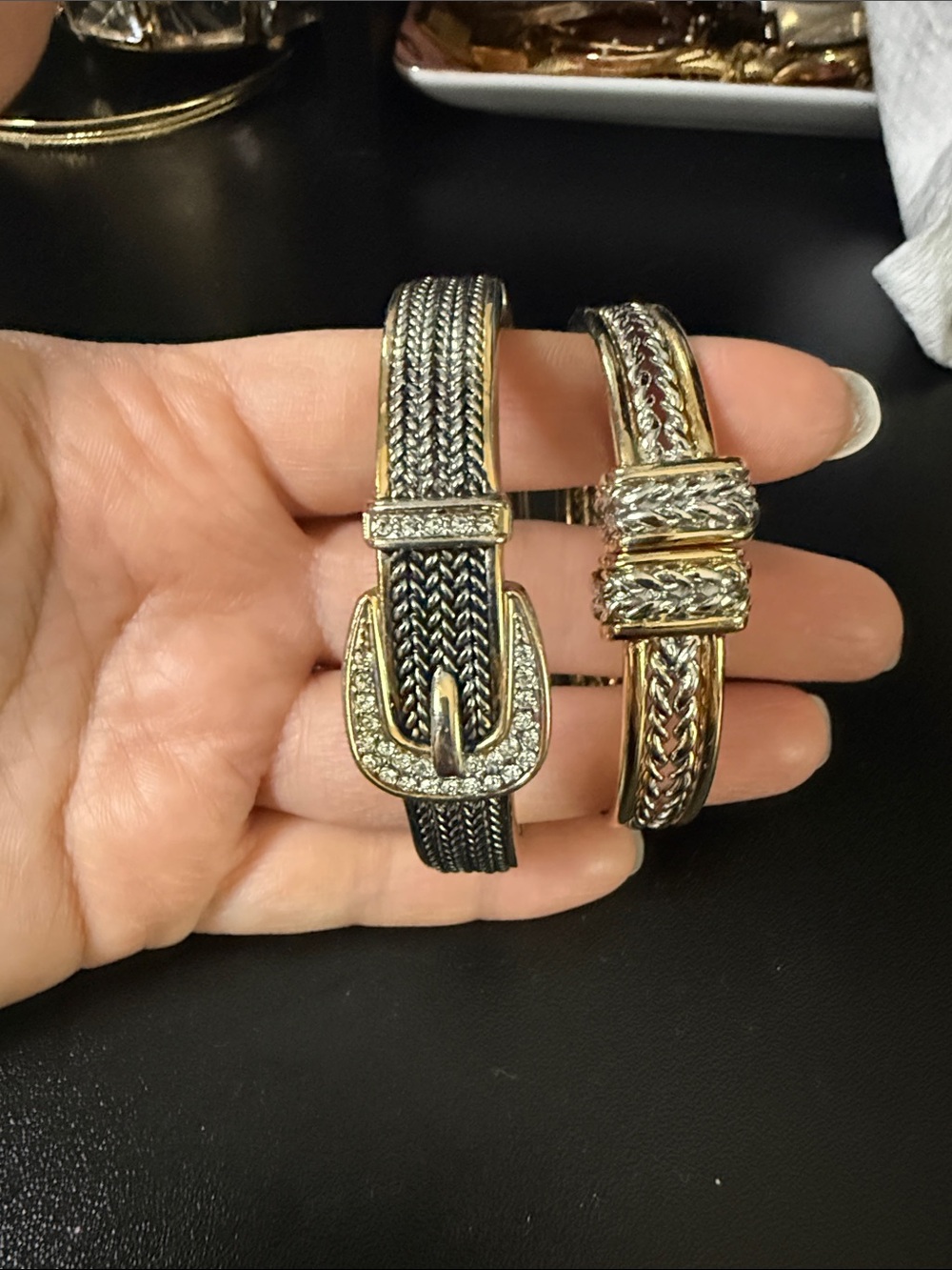 Set of 2 Two-tone Bracelets (Belt-Style Pave Buckle Bracelet and Braid Style)